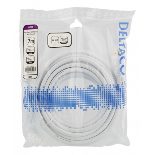 DELTACO High-Speed HDMI-kabel, 7m, Ethernet, 4K UHD, vit HDMI-1060AD