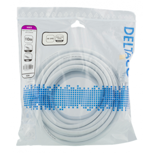 DELTACO High-Speed HDMI-kabel, 10m, Ethernet, 4K UHD, vit HDMI-1070AD