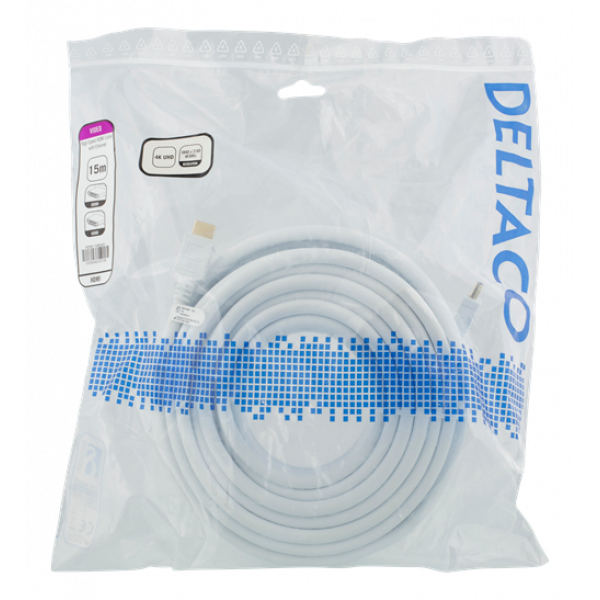DELTACO High-Speed HDMI-kabel, 15m, Ethernet, 4K UHD, vit HDMI-1080AD