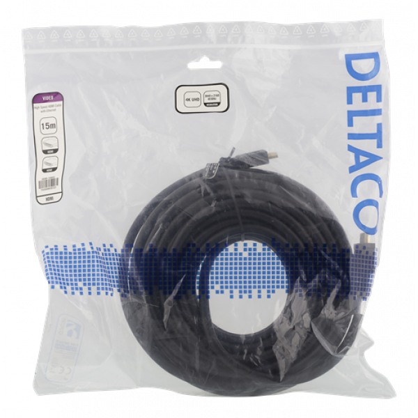 DELTACO High-Speed HDMI-kabel, 15m, Ethernet, 4K UHD, svart HDMI-1080D