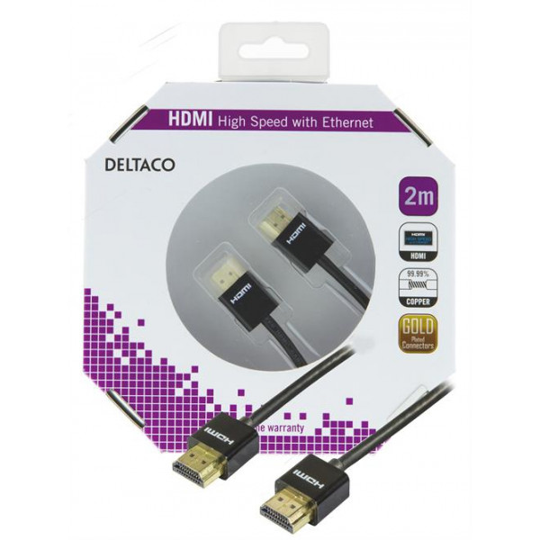 DELTACO tunn HDMI-kabel, 2m, svart blister