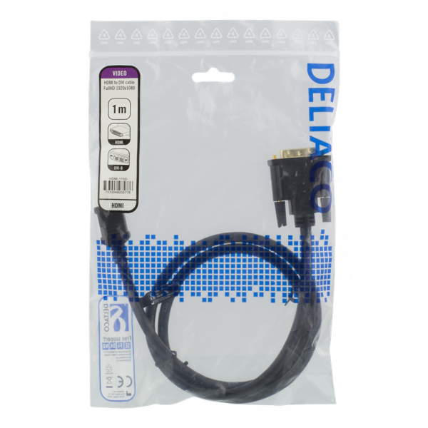 DELTACO HDMI till DVI-kabel, 1m, Full HD, svart HDMI-110D