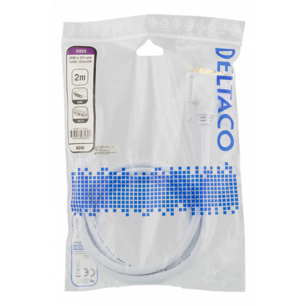 DELTACO HDMI till DVI-kabel, 2m, Full HD, vit HDMI-112AD