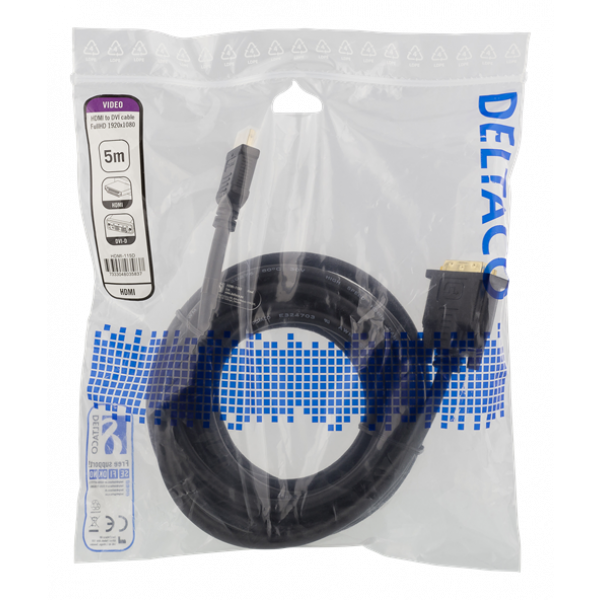 DELTACO HDMI till DVI-kabel, 5m, Full HD, svart HDMI-115D