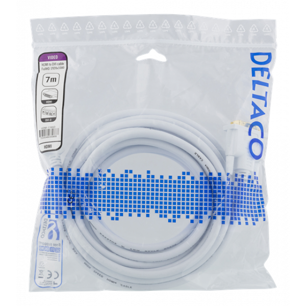 DELTACO HDMI till DVI-kabel, 7m, Full HD, vit HDMI-116AD