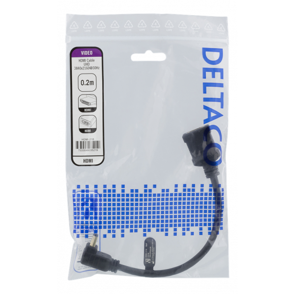 DELTACO Flexibel HDMI-adapter, 0,2 m, vinklad upp, HDMI M/F, UHD, svar HDMI-21B