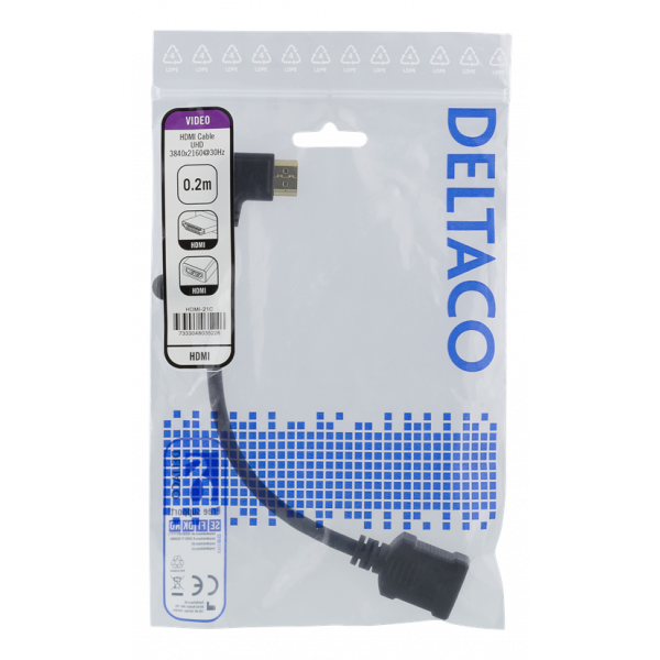 DELTACO Flexibel HDMI-adapter, 0,2 m, vinklad vänster, HDMI M/F, UHD, HDMI-21C