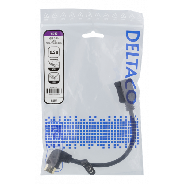 DELTACO Flexibel HDMI-adapter, 0,2 m, vinklad höger, HDMI M/F, UHD, sv HDMI-21D