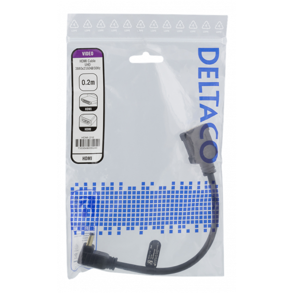 DELTACO Flexibel HDMI-adapter, 0,2 m, vinklad ner, HDMI M/F, UHD, svar HDMI-21E