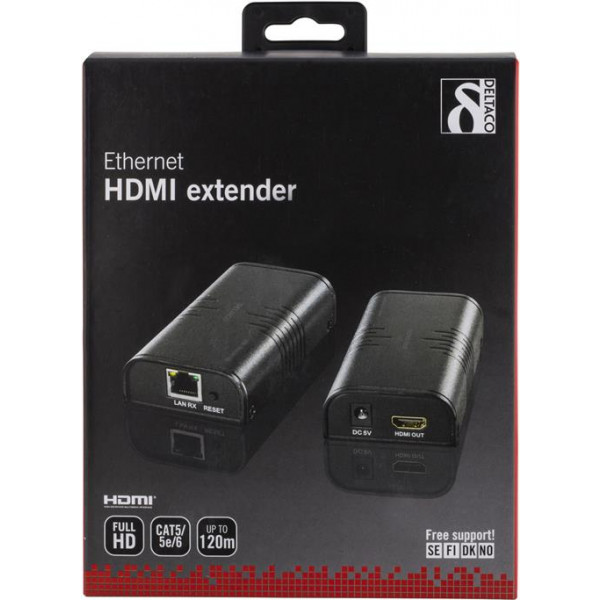 DELTACO Ethernet HDMI-förlängare, 120 meter i 1080P med Cat6, svart