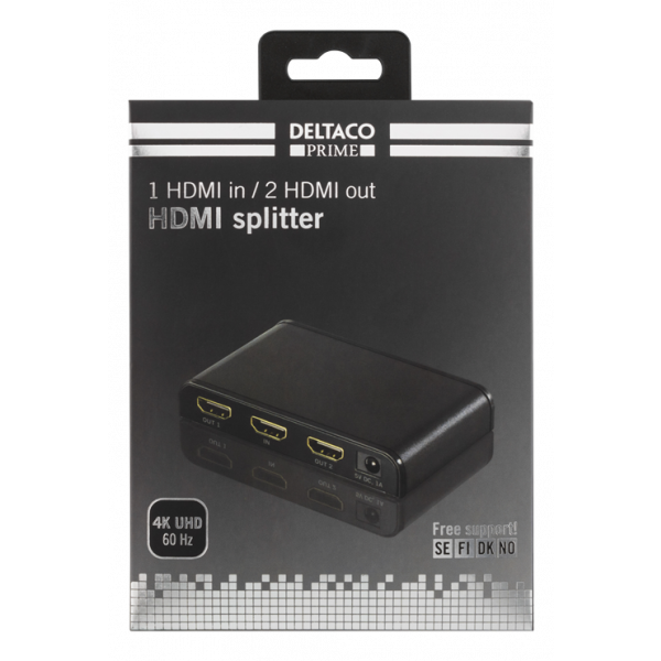 DELTACO PRIME HDMI-splitter, 1in, 2 ut, HDMI 2.0, 4K, UHD, svart HDMI-245