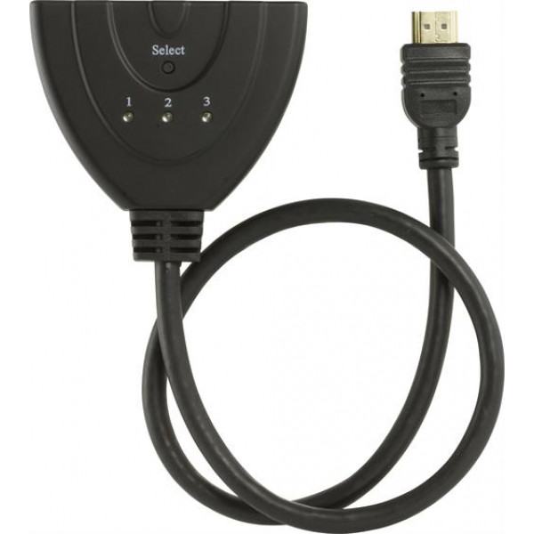 DELTACO HDMI Pigtail Switch, auto/manu HDMI-switch, tre till en, sv