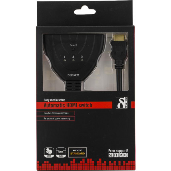 DELTACO HDMI Pigtail Switch, auto/manu HDMI-switch, tre till en, sv