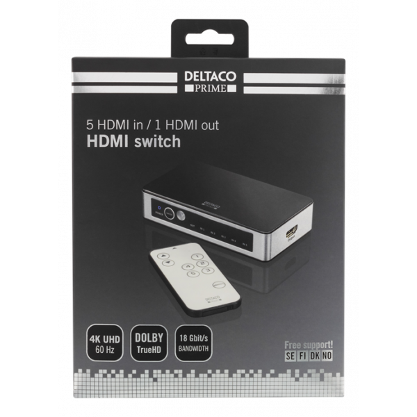 DELTACO PRIME 5-ports HDMI-switch, IR-fjärr, Ultra HD i 60Hz, svart HDMI-7027