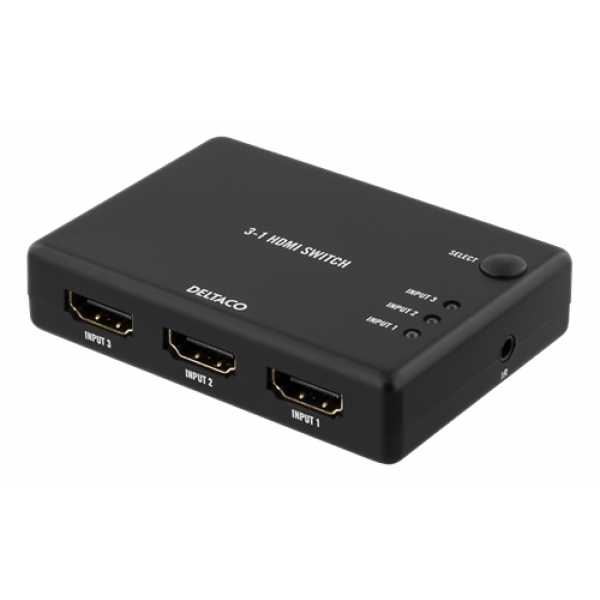 DELTACO HDMI-Switch, 3 ingångar till 1 utgång, 4K i 60Hz, 7.1 , svart HDMI-7042