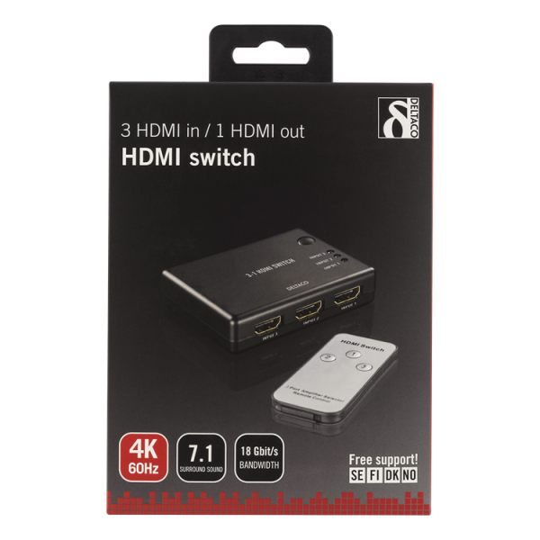 DELTACO HDMI-Switch, 3 ingångar till 1 utgång, 4K i 60Hz, 7.1 , svart HDMI-7042