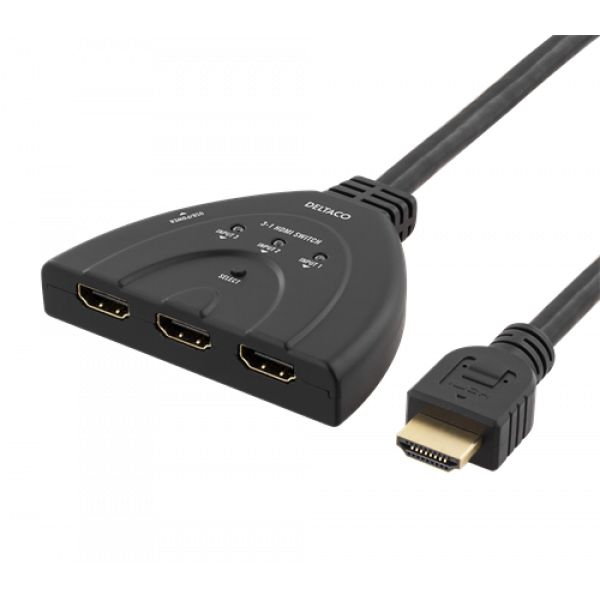 DELTACO HDMI-Switch, 3 ingångar till 1 utgång, 4K i 60Hz, 7.1, svart HDMI-7044