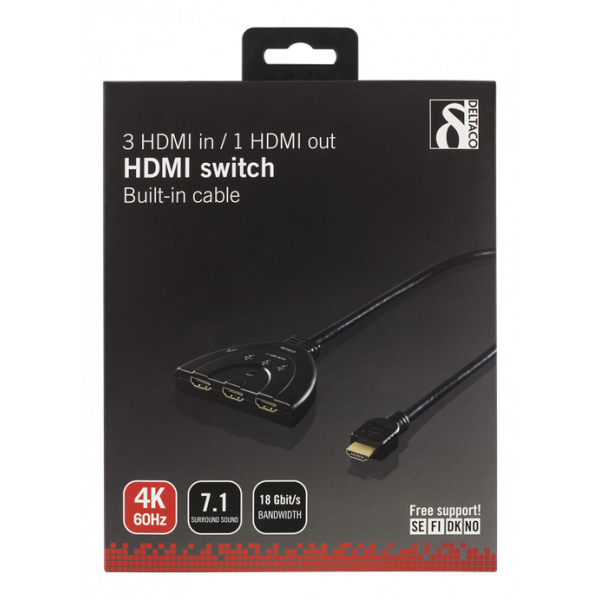 DELTACO HDMI-Switch, 3 ingångar till 1 utgång, 4K i 60Hz, 7.1, svart HDMI-7044