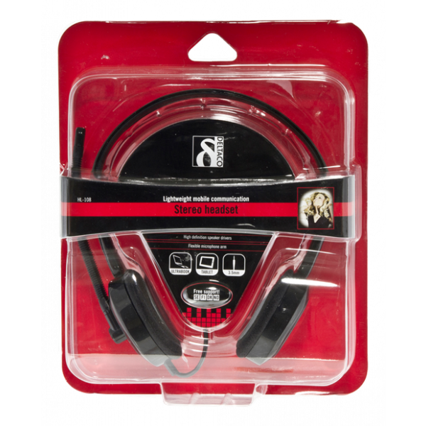 DELTACO headset, sluten, 32 Ohm, 1x3,5mm 4-pin, 1,8m, svart/röd