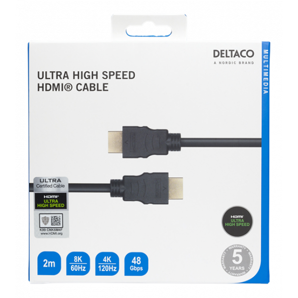 DELTACO ULTRA High Speed HDMI-kabel, 48Gbps, 2m, svart HU-20-R