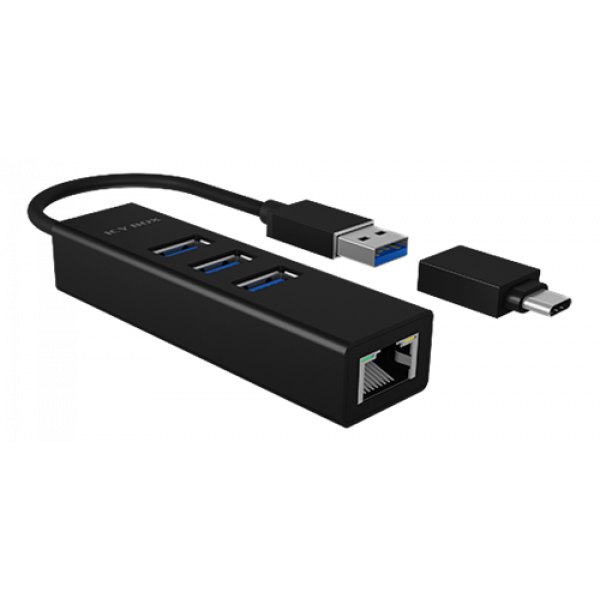 ICY BOX USB 3.0 HUB & Gigabit LAN Adapter, Type-A / Type-C IB-HUB1419-LAN