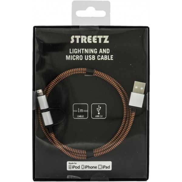 STREETZ USB-kabel, USB Micro B ha och lightning ha, MFi, 1m, orange