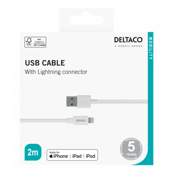 DELTACO USB-A to Lightning, MFi C189, 2m, white IPLH-402