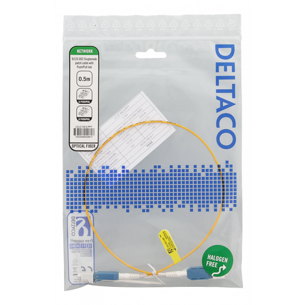 DELTACO LC-LC, Push/Pull-tab, duplex, OS2, 0.5m LCLC-0S-5-PPT