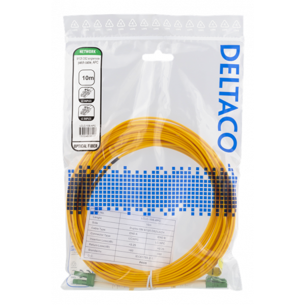 DELTACO OS2 fiberkabel LC – LC, duplex, singlemode, APC, 9/125, 10m LCLC-10S-APC