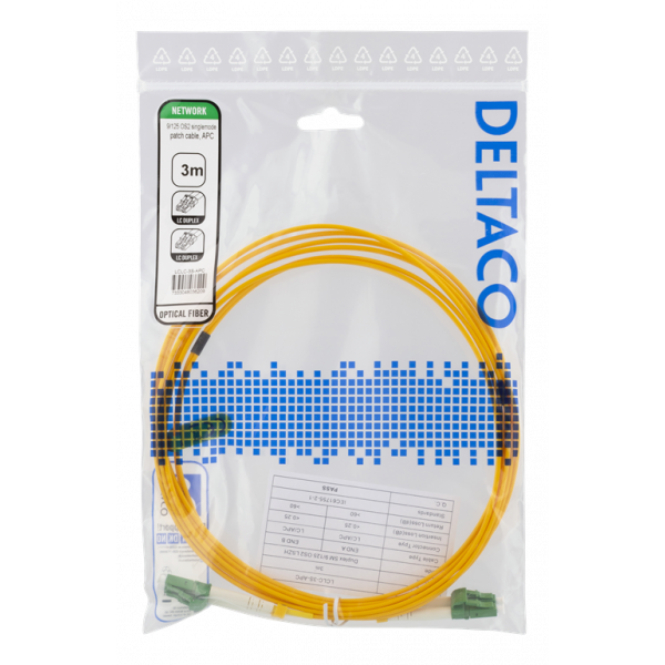 DELTACO OS2 fiberkabel LC – LC, duplex, singlemode, APC, 9/125, 3m LCLC-3S-APC