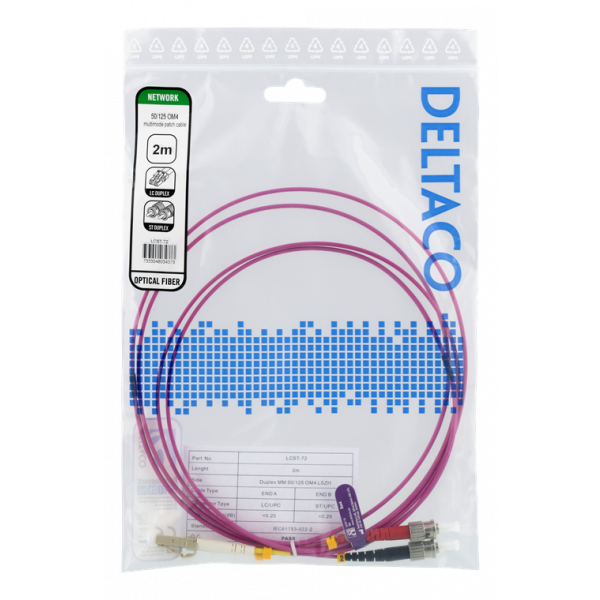 DELTACO Fiberkablage, 2m, LC-ST Duplex, 50/125, rosa LCST-72