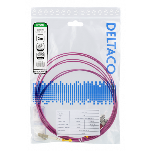 DELTACO Fiberkablage, 3m, LC-ST Duplex, 50/125, rosa LCST-73
