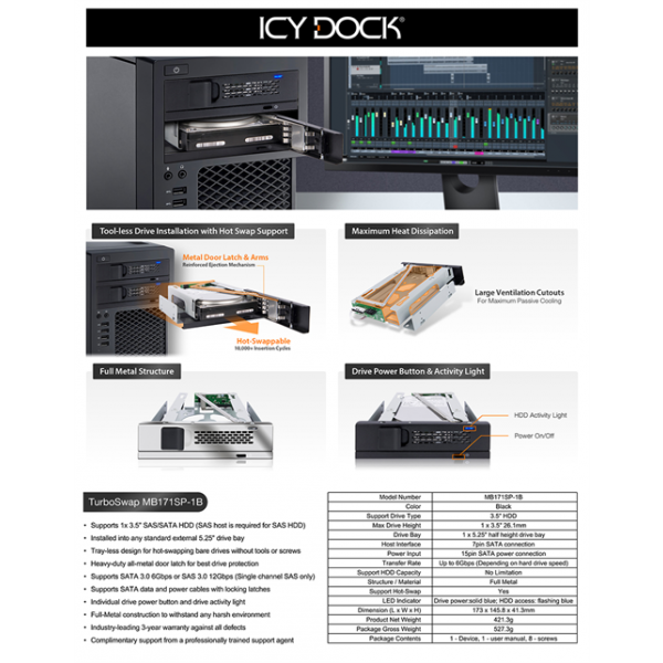 ICY DOCK 1x 3.5" SATA in 1x 5.25" bay mobile rack fanless keylock tray MB171SP-1B