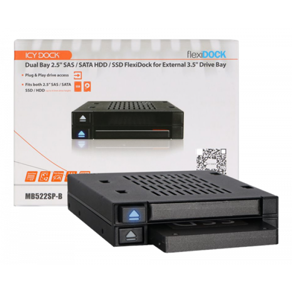 ICY DOCK 2x 2.5" to 1x 3.5" bay mobile rack SATA/SAS metal trayless MB522SP-B