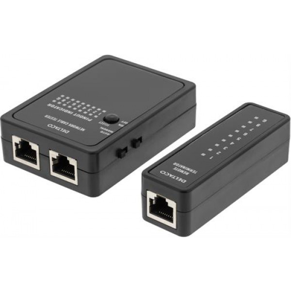 DELTACO kabeltester för RJ45/RJ12 & BNC, 2 delad, svart