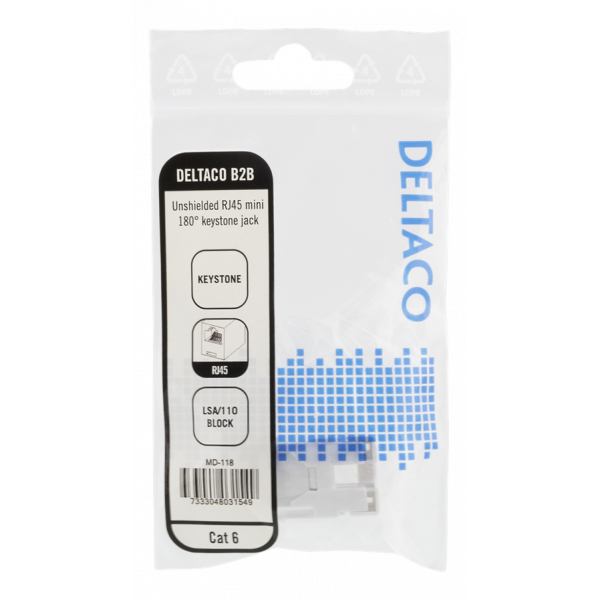 DELTACO Cat6 Keystone-uttag, LSA/110-terminering, plast, 180, vit MD-118