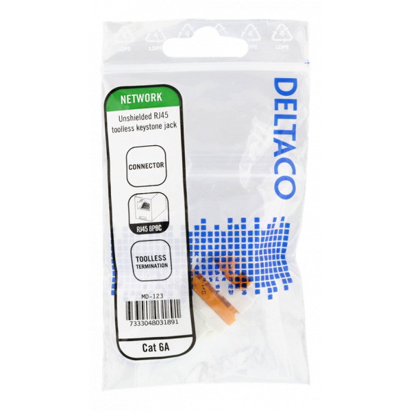 DELTACO Cat6A Keystone-uttag, verktygsfri, plast, vit/orange MD-123