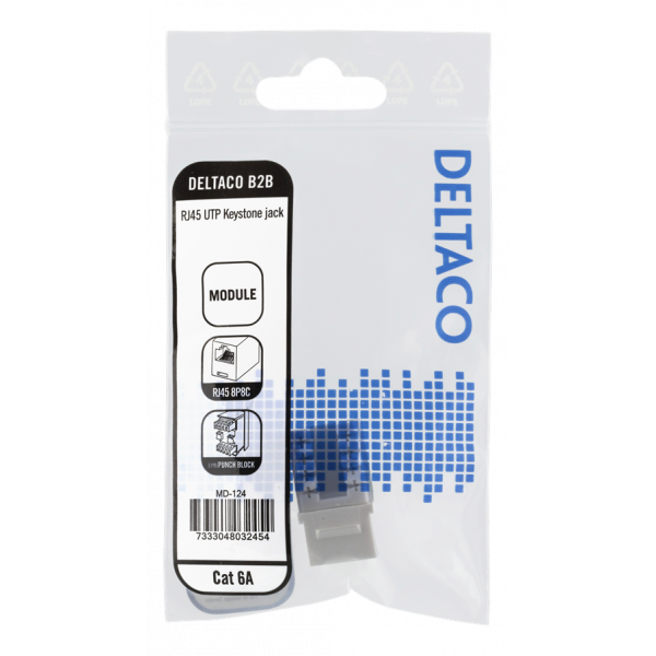 DELTACO Cat6A Keystone-uttag, LSA/110-terminering, plast, 90, vit MD-124