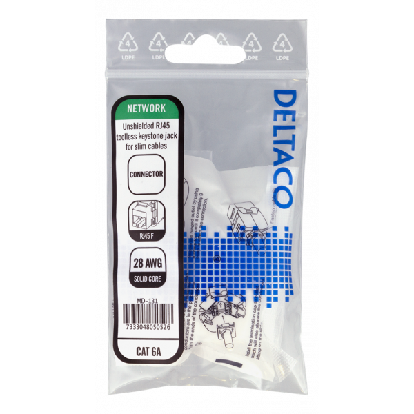 DELTACO Cat6A Keystone-uttag, 28AWG slim, verktygsfri, plast, vit MD-131