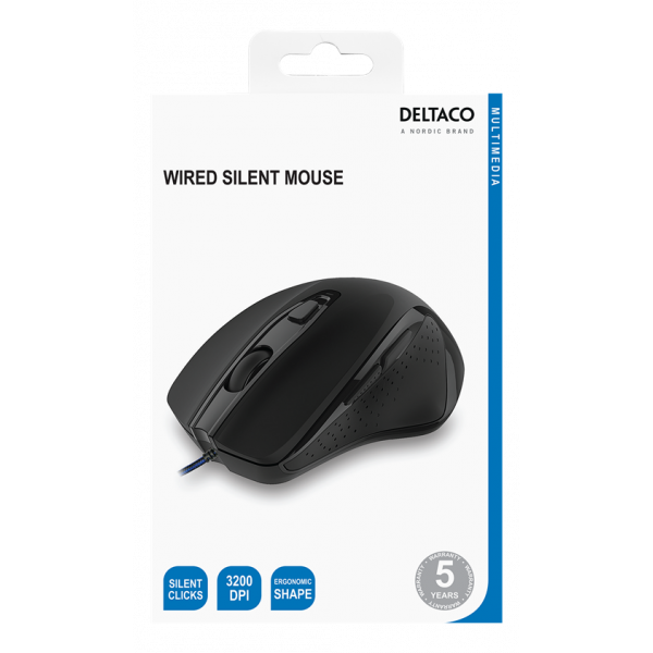 DELTACO Wired office silent mouse, ergonomic shape, black MS-801