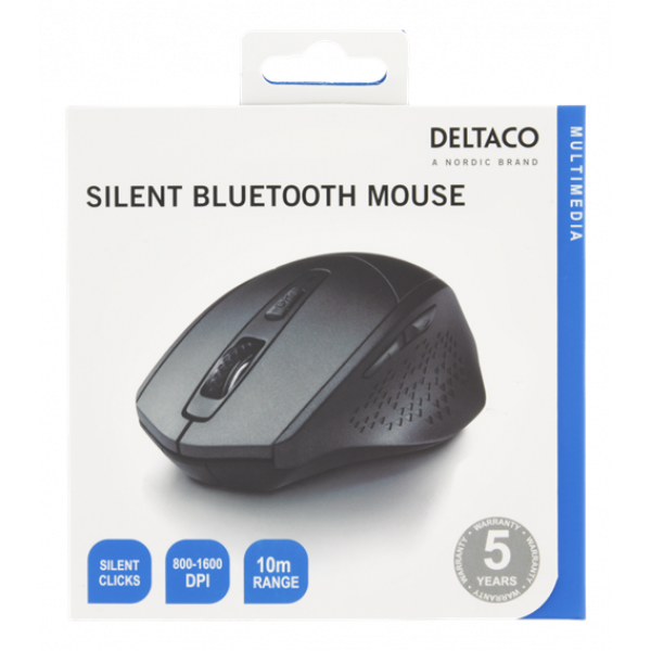 DELTACO tyst trådlös mus, bluetooth, 1x AA, 800-1600 DPI, mörk grå MS-901