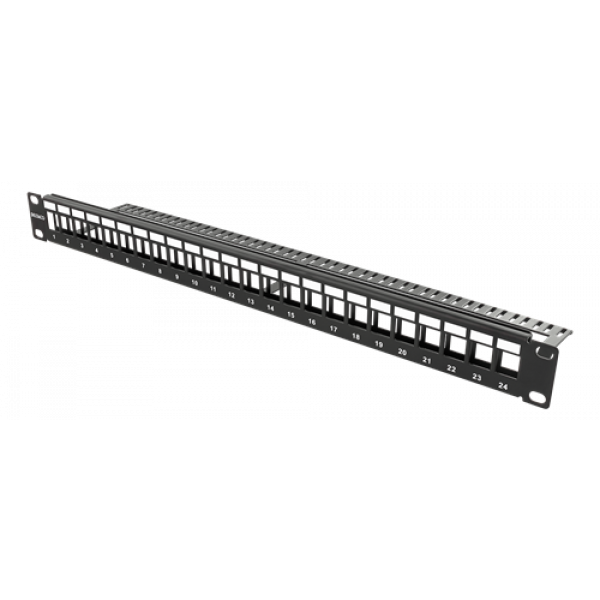 Patchpanel, 24 portar, utan kontakter, kabelstöd, 1U, 19"
