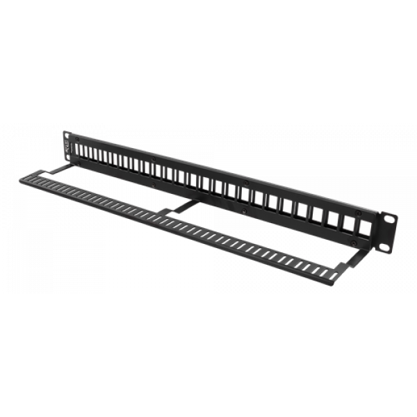Patchpanel, 24 portar, utan kontakter, kabelstöd, 1U, 19"