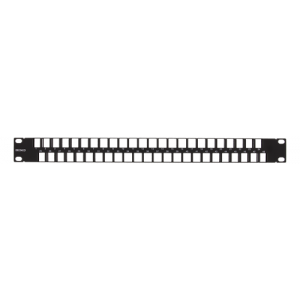 DELTACO 19" Öppen patchpanel, 48 platser, 1U, aluminium, svart PAN-115
