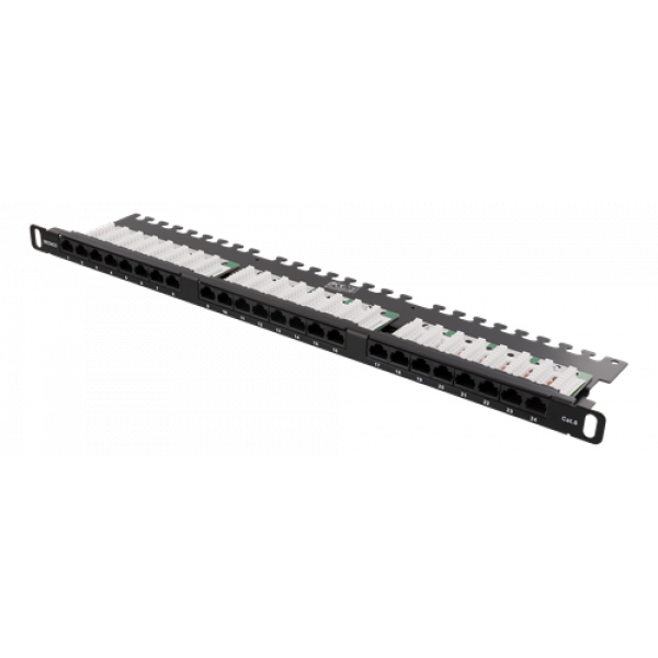 DELTACO UTP Patchpanel 24xRJ45, Cat6, 0,5U, 19", kabelstöd, svart PAN-120
