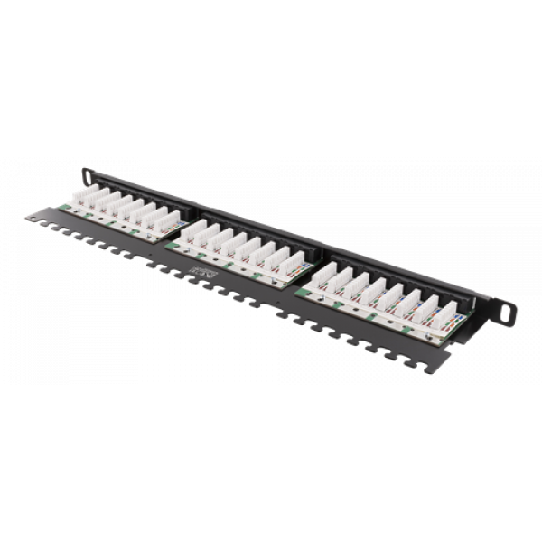 DELTACO UTP Patchpanel 24xRJ45, Cat6, 0,5U, 19", kabelstöd, svart PAN-120