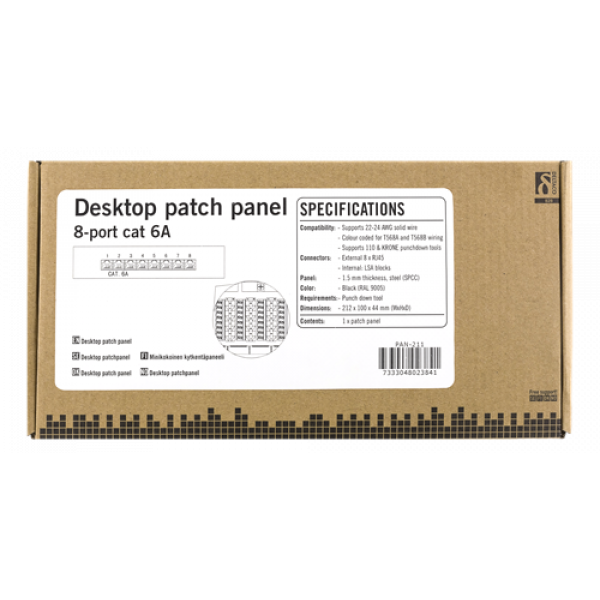 DELTACO Patchpanel, 8xRJ45, Cat6a, väggmonterbar, 10Gbps, svart PAN-211