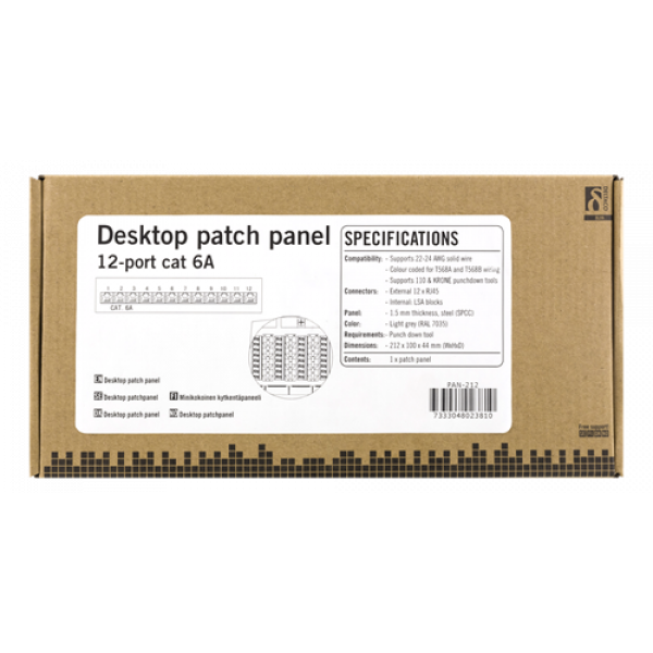 DELTACO Patchpanel, 12xRJ45, Cat6a, väggmonterbar, 10Gbps, grå PAN-212