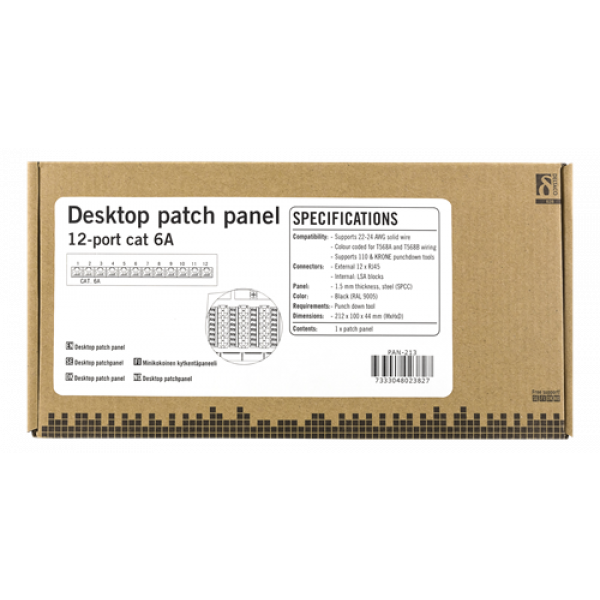 DELTACO Patchpanel, 12xRJ45, Cat6a, väggmonterbar, 10Gbps, svart PAN-213