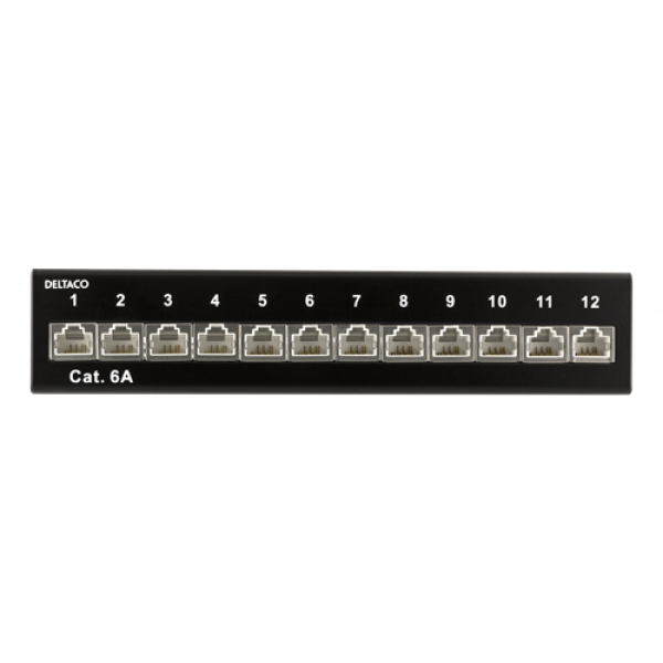 DELTACO Patchpanel, 12xRJ45, Cat6a, väggmonterbar, 10Gbps, svart PAN-213